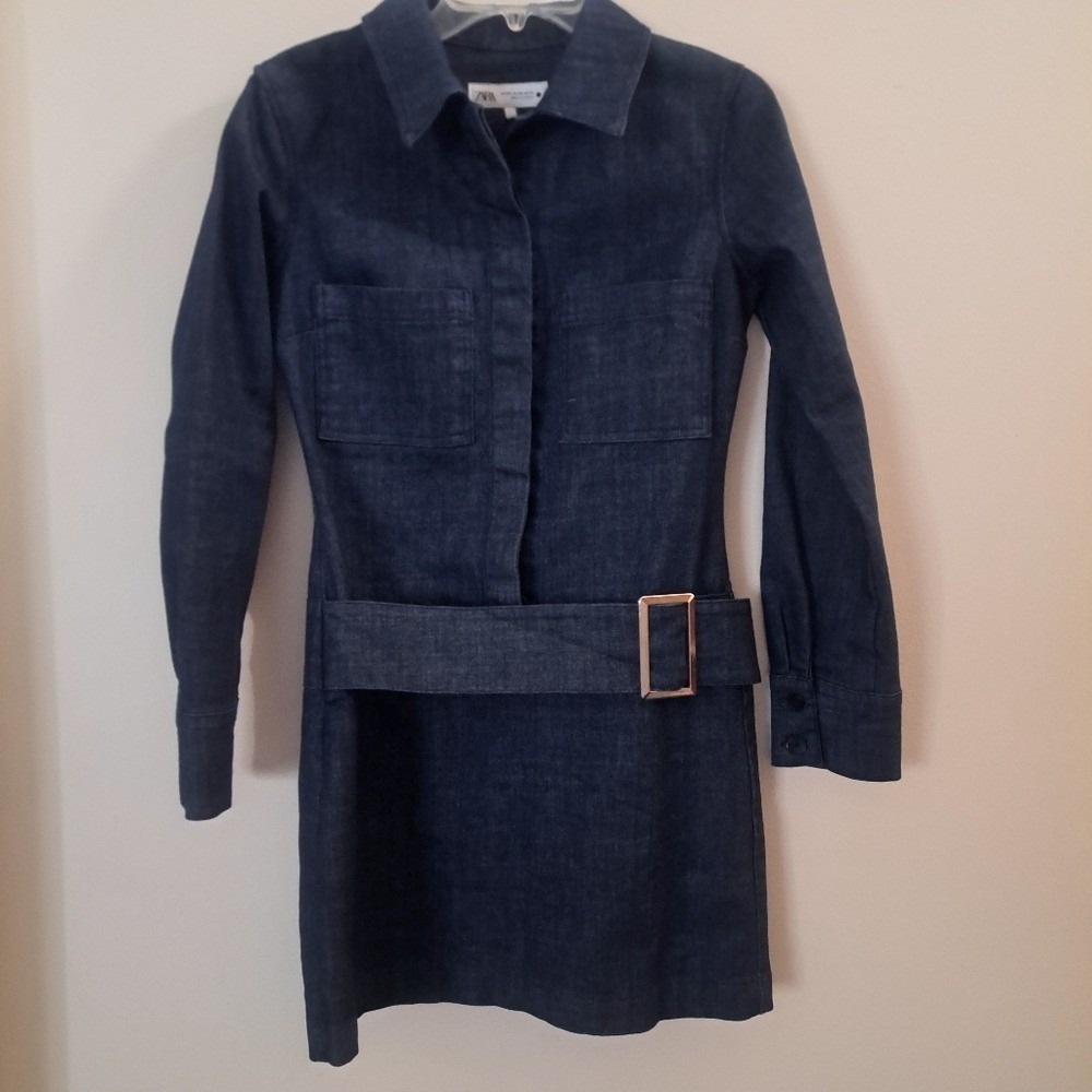 ZARA Denim Shirt Dress Belted Utility Style Dark‎ Wash Long Sleeve Mini XS